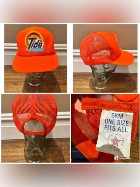 Vintage 80s Tide Racing Team neon orange mesh snapback trucker hat.